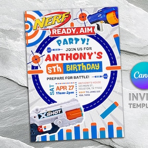 May include: A blue and orange birthday party invitation for a 5th birthday party. The invitation features a Nerf gun, a target, and the text "Ready, Aim, Party! Join us for Anthony's 5th Birthday".