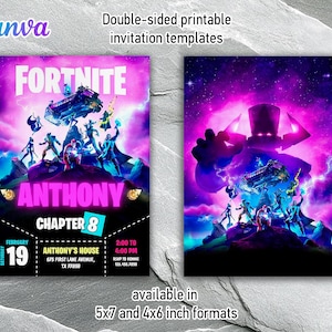 May include: Double-sided printable Fortnite invitation templates. The design features a purple and blue galaxy background with Fortnite characters. The invitation includes the name "Anthony" and event details. Available in 5x7 and 4x6 inch formats.