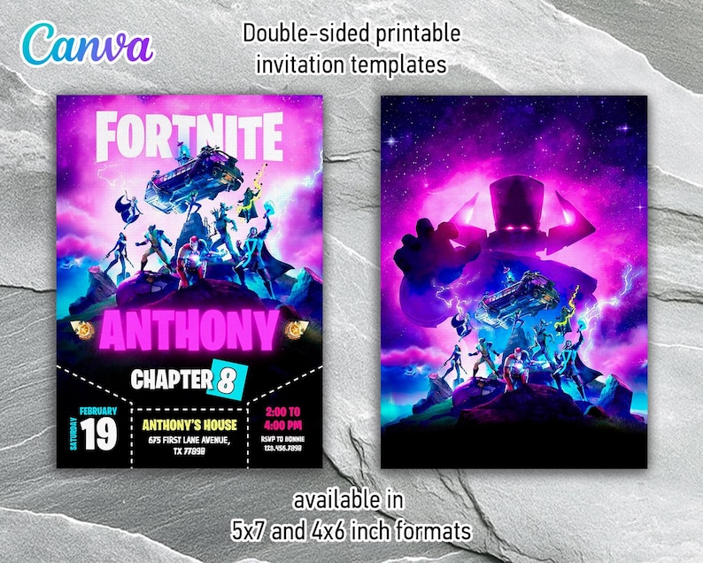 May include: Double-sided printable Fortnite invitation templates. The design features a purple and blue galaxy background with Fortnite characters. The invitation includes the name "Anthony" and event details. Available in 5x7 and 4x6 inch formats.