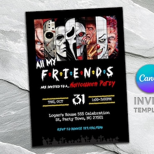 May include: Black and white Halloween party invitation with a collage of horror movie characters. The text reads "All My Friends Are Invited To A... Halloween Party" with the date "Thu, Oct 31" and time "1:00-3:00PM". The location is "Logan's House 555 Celebration St, Party Town, NC 27501". The RSVP information is "RSVP to Bonnie 123.456.7890".