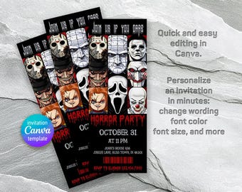 Halloween Birthday invitation, Bloody printable ticket Invitation, Killer Movie Party Invite Template, horror cinema Editable Invitation