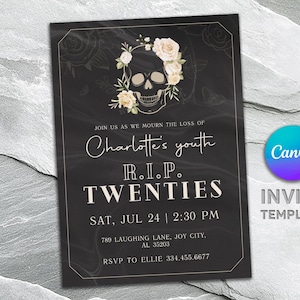 Invitation imprimable à la fête des années 20, invitation à la mort aux années 20, invitation à une fête squelette, invitation au trentième anniversaire, anniversaire modifiable des 20 ans