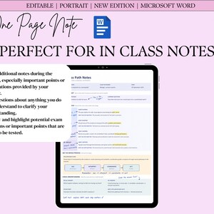 K&ouml;nnte beinhalten: Eine digitale einseitige Notizvorlage auf einem Tablet-Bildschirm. Das Dokument enth&auml;lt Abschnitte f&uuml;r Vorlesungsnotizen, Lerntipps und ein Prozessablaufdiagramm. Text beinhaltet: One Page Note, PERFECT FOR IN CLASS NOTES, ZW PRINTABLES.