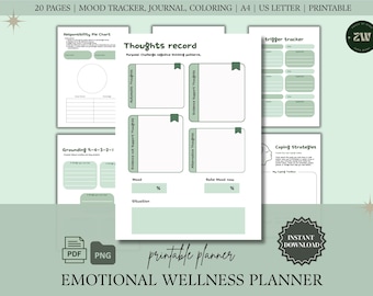 Emotional Wellness Planner: Mood Tracker, Self-Care Workbook (Printable PDF, Canva Template)