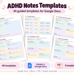 Bundel met studienotities voor ADHD: 40 begeleide sjablonen voor Google Docs, Word en PDF