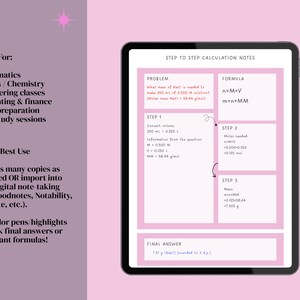 May include: A digital tablet showing step-by-step calculation notes, in pink and white. A white stylus is next to the tablet. The notes cover topics like mathematics and chemistry, with formulas and problem-solving steps.