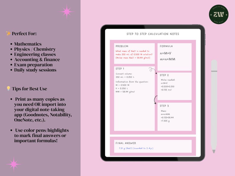 May include: A digital tablet showing step-by-step calculation notes, in pink and white. A white stylus is next to the tablet. The notes cover topics like mathematics and chemistry, with formulas and problem-solving steps.