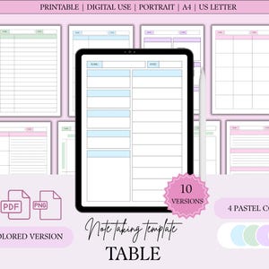 May include: Digital note-taking template with a table layout, available in 10 versions and 4 pastel colors. The image shows a tablet with a note-taking layout, surrounded by examples. Text includes "PRINTABLE", "DIGITAL USE", and "TABLE".