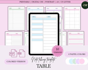 Table Note Templates: Pastel Colors, Student Planner (Digital PDF & PNG)