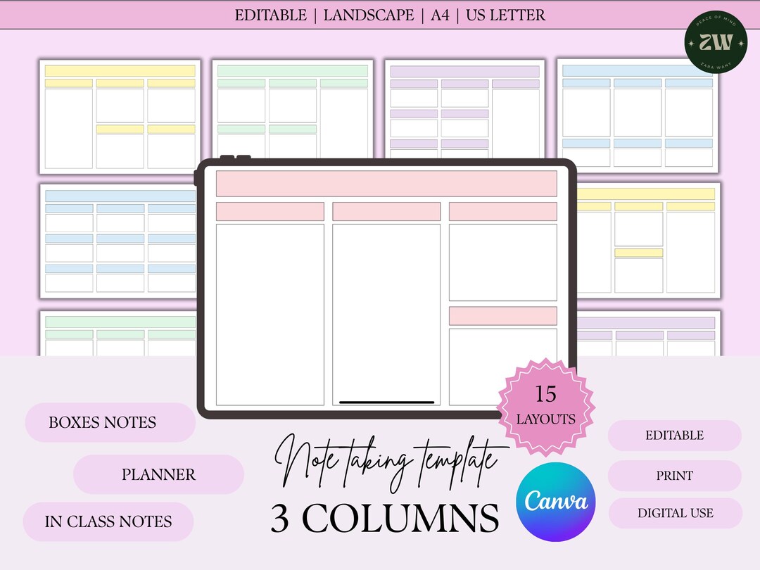 3 Columns Note Taking Template | 15 Layouts | Canva Editable | A4 & US ...