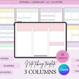 Op de afbeelding: Een digitaal notitie-sjabloon met een roze en wit ontwerp. Het sjabloon heeft een lay-out met drie kolommen en 15 verschillende lay-outs. Tekst bevat "Boxes Notes", "Planner", "In Class Notes" en "Note taking template".