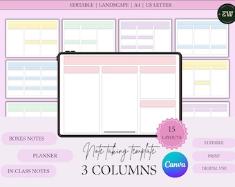 3 Columns Note Taking Template | 15 Layouts | Canva Editable | A4 & US Letter | Box Notes | Class Notes | Study Planner | Digital Download