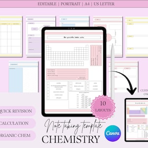 Könnte beinhalten: Eine digitale Vorlage für Notizen in Chemie mit 10 Layouts, einschließlich des Periodensystems, auf einem Tablet. Das Design zeigt rosa und weiße Elemente mit dem Text "Note taking template CHEMISTRY" und "CUSTOMIZE YOUR OWN NOTES!"