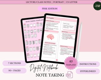 Pink Digital Notebook: 7 Note-Taking Templates (Hyperlinked PDF)