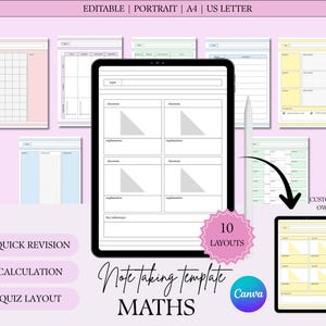 May include: A digital note-taking template for math, featuring various layouts for quick revision, calculations, and quiz formats. The image shows a tablet with several note designs, including a theorem and explanation layout. The text says "Note taking template MATHS".
