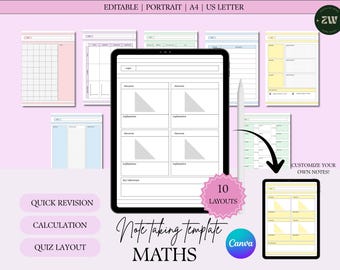 Math Note-Taking Template: 10 Canva Study & Revision Sheets (Digital Download)
