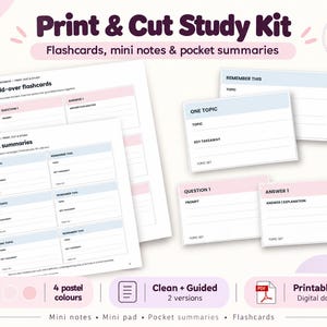 Utskrivbara studiekortspaket: Pastellfärgade flashcards, ficksammanfattningar och minianteckningar i PDF-format