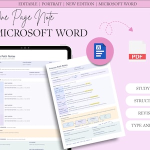 Puede incluir: Una plantilla de notas de una página para Microsoft Word con un diseño de notas de ruta de proceso que incluye secciones para objetivo, ruta y comprensión. El documento se muestra en una pantalla de tableta y como página impresa con un icono de Word azul.