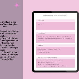 May include: A digital tablet displays formula and application notes, including area calculations. The screen shows text and pink highlighted sections. A stylus rests beside the tablet. The background is a light purple with text describing the calculation notes template pack.