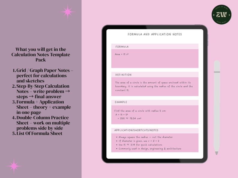 May include: A digital tablet displays formula and application notes, including area calculations. The screen shows text and pink highlighted sections. A stylus rests beside the tablet. The background is a light purple with text describing the calculation notes template pack.