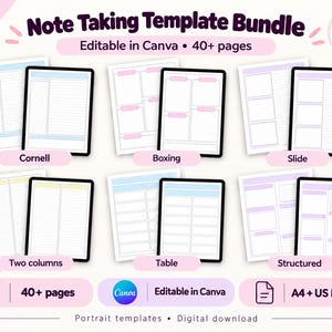 Modèles de prise de notes modifiables : plus de 40 pages, méthodes Cornell, encadrement, mises en page de diapositives (Canva)