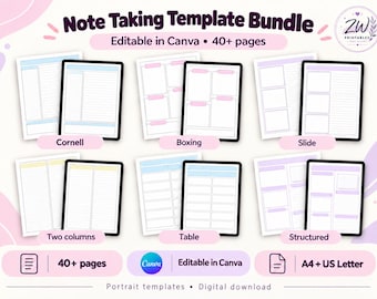 Könnte beinhalten: Ein digitales Notizvorlagen-Paket mit über 40 Seiten in den Formaten A4 und US Letter. Das Set enthält Cornell-, Boxing-, Slide-, Two columns-, Table- und Structured-Layouts. Die Vorlagen sind in Canva bearbeitbar und als digitaler Download verfügbar.