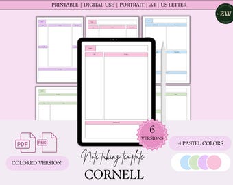 Colored Boxing Theme Cornell Notes Templates: 6 Layouts, Portrait (Digital PDF Download)