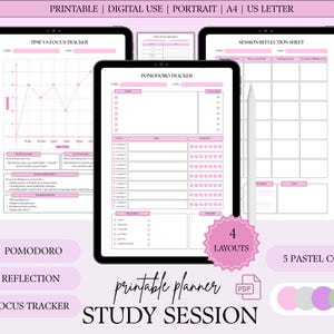 Puede incluir: Planificador de sesión de estudio imprimible digital en rosa, mostrado en tabletas. Incluye un rastreador de tiempo vs enfoque, un rastreador Pomodoro y una hoja de reflexión de sesión. Presenta 4 diseños y 5 colores pastel. El texto incluye "Imprimible".