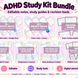 ADHD Study Kit Bundle, Editable Notes, Planners, Exam Dashboard (Digital Download)