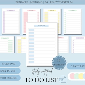 Könnte beinhalten: Eine Sammlung druckbarer To-Do-Listen-Vorlagen in verschiedenen Pastellfarben. Das Design enthält den Text "TO DO LIST" und "study notepad". Das Bild enthält auch den Text "PRINTABLE | MEMOPAD | A6 | READY TO PRINT A4".