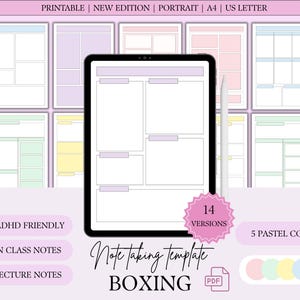 May include: A digital note-taking template for boxing, with 14 versions and 5 pastel colour options. The design is ADHD-friendly and suitable for in-class and lecture notes. The image includes the text "PRINTABLE | NEW EDITION | PORTRAIT | A4 | US LETTER".