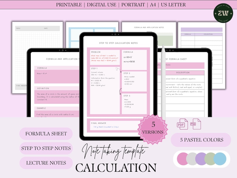 May include: Digital calculation note-taking template in pink and white. Includes formula sheets, step-by-step notes, and lecture notes. Available in 5 pastel colours and printable formats.