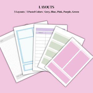 May include: Five pastel-coloured layouts in grey, blue, pink, purple, and green. The layouts include grids and forms, with the text "LAYOUTS" and "5 Layouts | 5 Pastel Colors | Grey, Blue, Pink, Purple, Green". The image has a pink background.