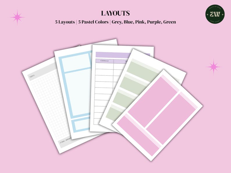 May include: Five pastel-coloured layouts in grey, blue, pink, purple, and green. The layouts include grids and forms, with the text "LAYOUTS" and "5 Layouts | 5 Pastel Colors | Grey, Blue, Pink, Purple, Green". The image has a pink background.