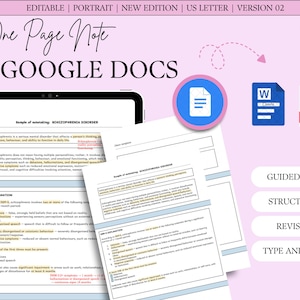 Könnte beinhalten: Eine digitale Vorlage für Google Docs mit dem Titel One Page Note, die ein Notizblatt zum Thema Schizophrenie zeigt. Das Layout enthält Abschnitte für DSM-5-Erklärungen, Aufzählungslisten und Textfelder. Symbole für Google Docs, Word und PDF sind sichtbar.
