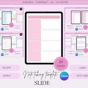 May include: A digital note-taking template with a pink and white color scheme. The image shows a tablet with various layout options, including blank, lined, grid, and dot grid. The text on the image says "Note taking template SLIDE" and "20 pages".