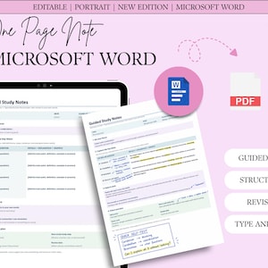 Puede incluir: Una plantilla digital para notas de estudio guiadas en formato Microsoft Word, con un fondo rosa claro y texto que dice One Page Note, Microsoft Word, Guided Notes, Structured, Revision y Type and Print, junto a un icono de PDF.