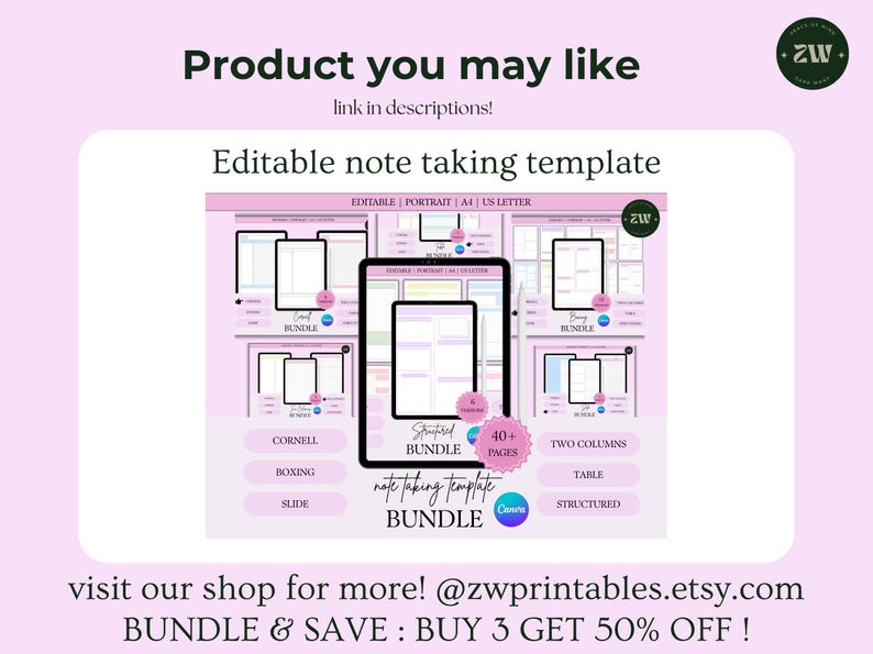 Two Column Note Taking Template | Canva Editable, 40 Pages (digital ...