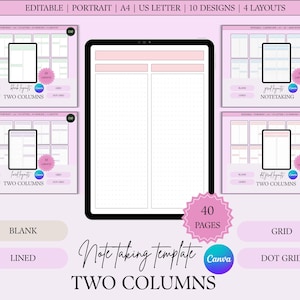 Mall för anteckningar i två kolumner | Redigerbar i Canva, 40 sidor (digital nedladdning)