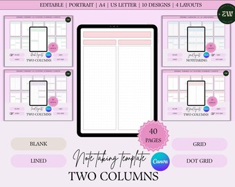 Two Column Note Taking Template | Canva Editable, 40 Pages (Digital Download)