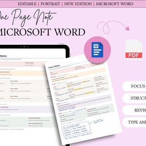 Può includere: Un modello di nota di una pagina per Microsoft Word con un layout strutturato per le note di focus, che include sezioni per argomento, classe, data e revisione. Il design presenta intestazioni e campi di testo in colori pastello.