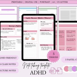 Pode incluir: Modelos digitais de tomada de notas em cinco cores pastel, projetados para TDAH. A imagem mostra um tablet exibindo notas sobre psicologia, com modelos adicionais no fundo. O texto inclui "Imprimível", "Uso digital" e "ADHD Friendly".