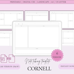 May include: A digital download featuring a Cornell note-taking template in a clear, black and white version. The image shows six versions of the template, with sections for notes, cues, and summary. Text includes "PRINTABLE", "DIGITAL USE", and "INSTANT DOWNLOAD".