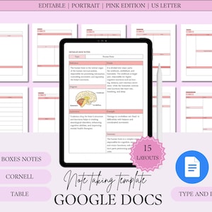May include: A digital note-taking template for Google Docs in a pink theme. The image shows a tablet displaying a detailed box notes layout, with other layouts and a stylus. The text includes "Note taking template" and "15 layouts".