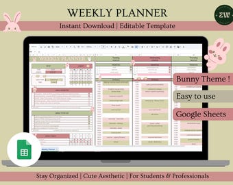 Bunny Theme Weekly Planner: Google Sheets Habit Tracker (Digital Download)