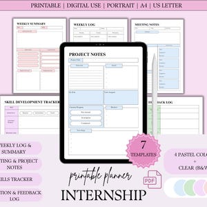 Puede incluir: Un planificador digital para prácticas, con una tableta que muestra notas del proyecto y plantillas. Incluye registros semanales, rastreadores de habilidades y notas de reuniones. Disponible en 4 colores pastel y blanco y negro claro. El texto dice "Printable Planner Internship".