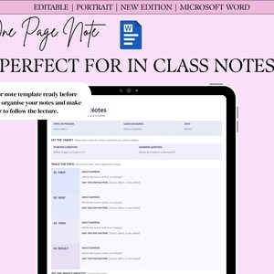 K&ouml;nnte beinhalten: Ein digitales Tablet zeigt eine einseitige Notizvorlage im Microsoft Word-Format. Das Dokument enth&auml;lt Abschnitte f&uuml;r Thema, Klasse, Datum, Ziel, Startbedingung, Lernfrage und einen vierstufigen Prozess-Tracker.