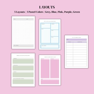 May include: An image displaying five layouts in pastel shades of grey, blue, pink, purple, and green. The layouts include a grid, a list, and a chart. The text at the top reads "LAYOUTS" and lists the colours and layouts.