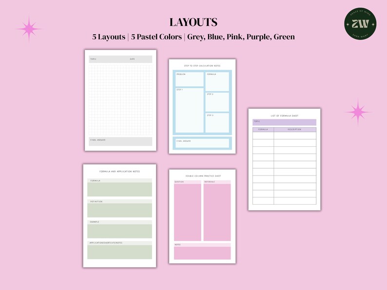 May include: An image displaying five layouts in pastel shades of grey, blue, pink, purple, and green. The layouts include a grid, a list, and a chart. The text at the top reads "LAYOUTS" and lists the colours and layouts.