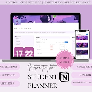 May include: A digital student planner template on a laptop and smartphone, featuring a purple aesthetic and the text "Ghibli Student Hub." The image also shows "5 Main Sections," "6 Planners," and "Student Planner" in the design.